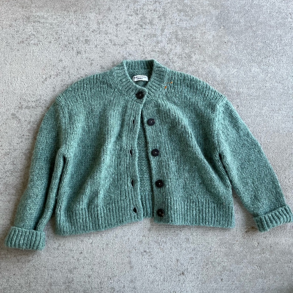 Marc O’Polo teal denim crew neck sweater cardigan wool blend sweater
